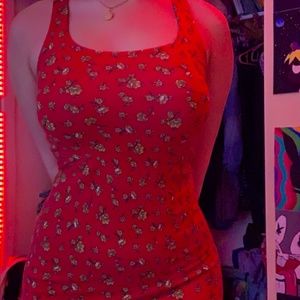 red floral body con dress